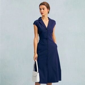 RIHOAS The Navy V Neck Button Cap Sleeve Midi Dress XS 22